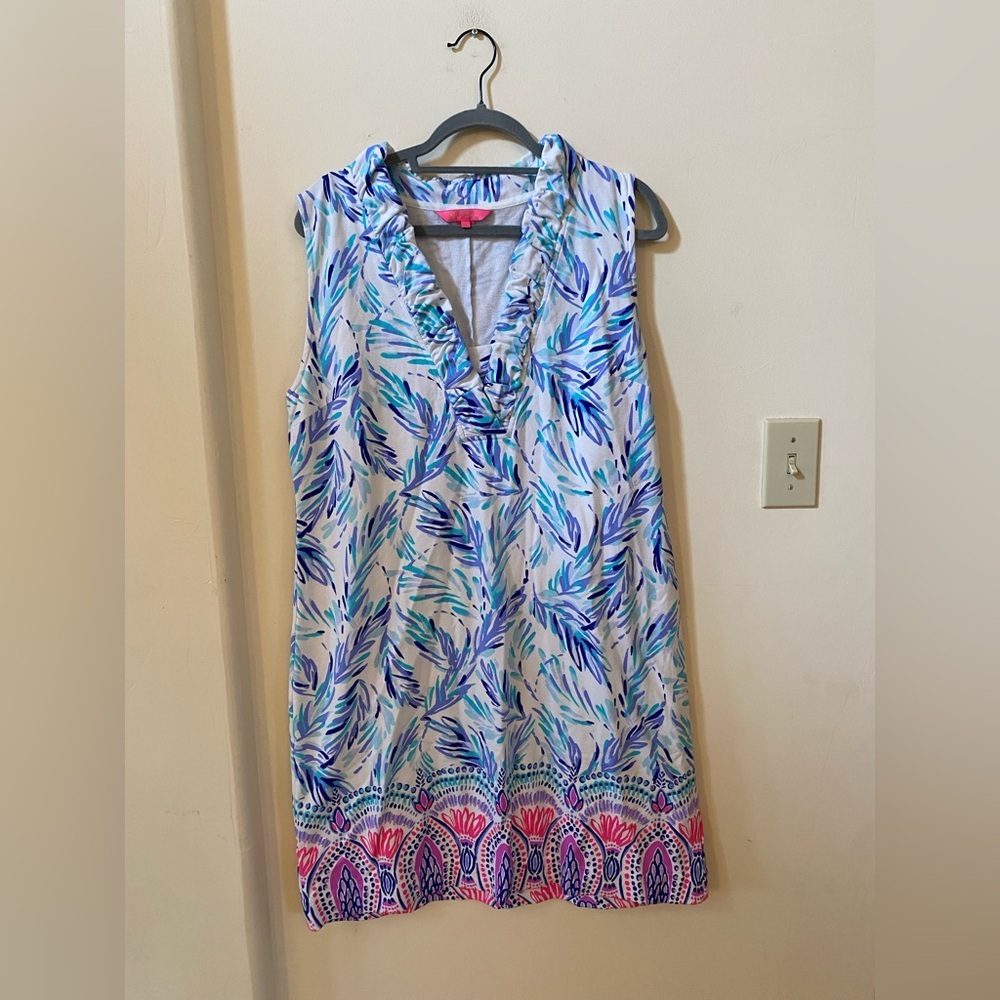 Lilly Pulitzer Tisbury Shift Dress Flock Together Resort White Blue Bird XL